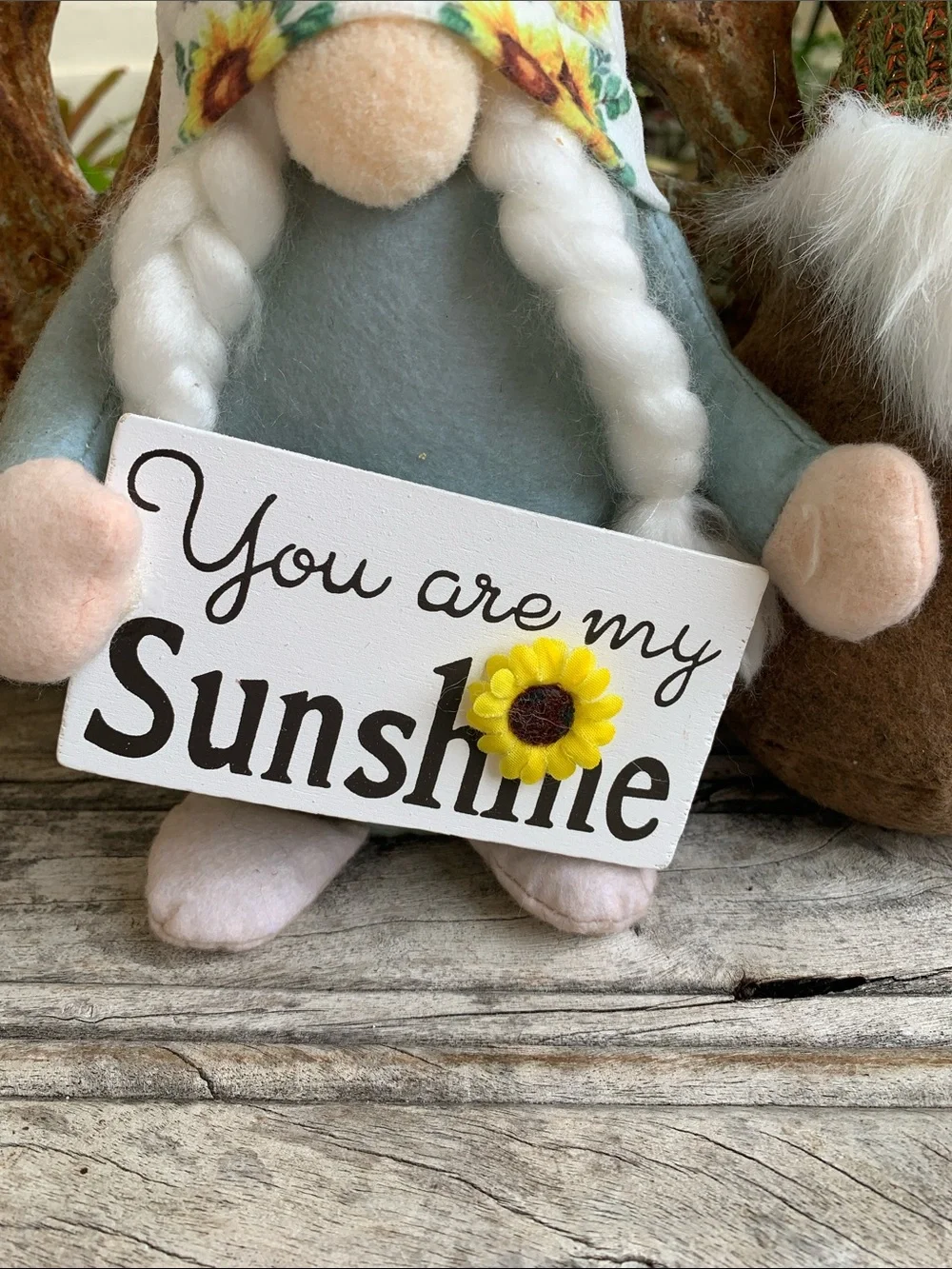 Sunflower Gnome Holding “You are my Sunshine” Sign and Brown Gnome